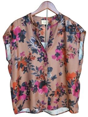 Elie Tahari Romantic Dress Blouse Floral Shimmer Copper Button Down Large